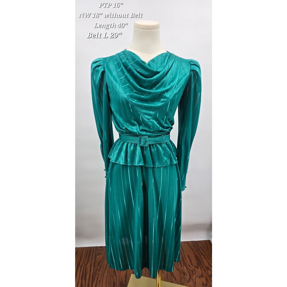 Vintage 70s Dynasty Era‎ Pea Patch Jade Green Satin Draped Neck Dress Disco Glam